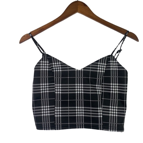Love Tree Plaid Crop Top - Black/Grey, Spaghetti Straps, Size Small - Picture 1 of 7